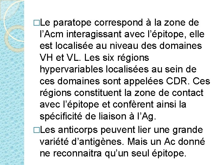 �Le paratope correspond à la zone de l’Acm interagissant avec l’épitope, elle est localisée