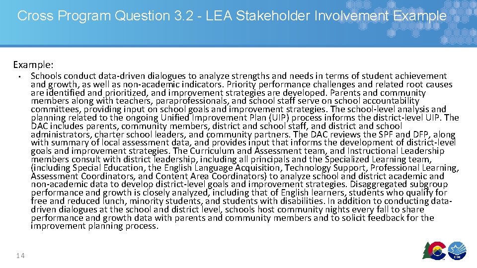 Cross Program Question 3. 2 - LEA Stakeholder Involvement Example: • 14 Schools conduct