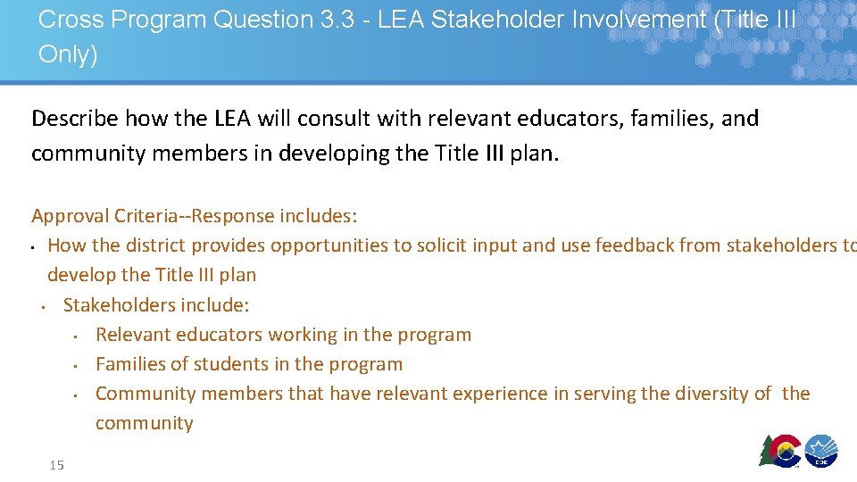 Cross Program Question 3. 3 - LEA Stakeholder Involvement (Title III Only) Describe how