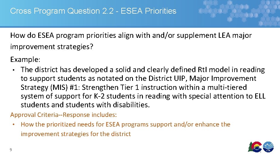 Cross Program Question 2. 2 - ESEA Priorities How do ESEA program priorities align