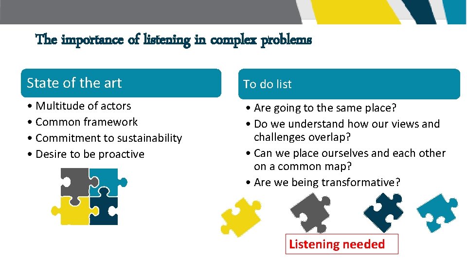 The importance of listening in complex problems State of the art To do list