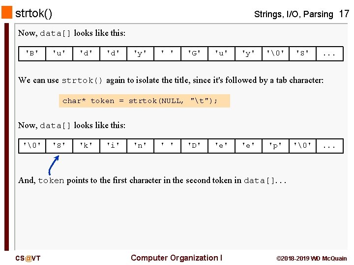strtok() Strings, I/O, Parsing 17 Now, data[] looks like this: 'B' 'u' 'd' 'y'