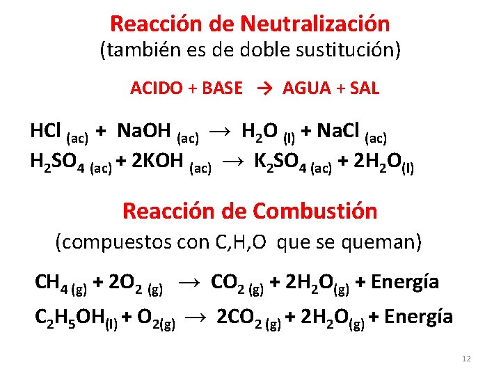 Reacción de Neutralización (también es de doble sustitución) ACIDO + BASE → AGUA +