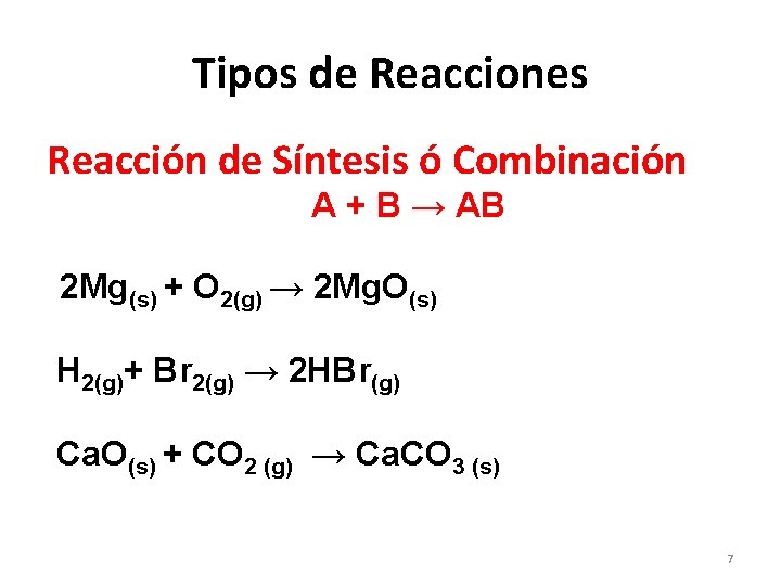 Tipos de Reacciones Reacción de Síntesis ó Combinación A + B → AB 2