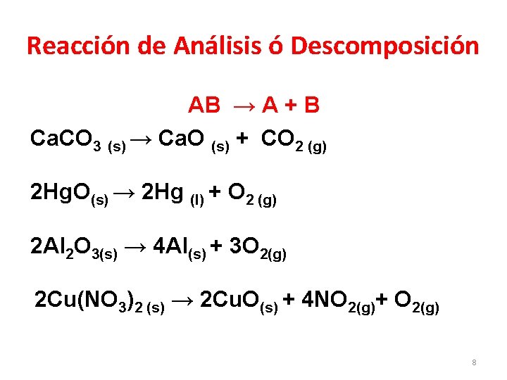 Reacción de Análisis ó Descomposición AB → A + B Ca. CO 3 (s)