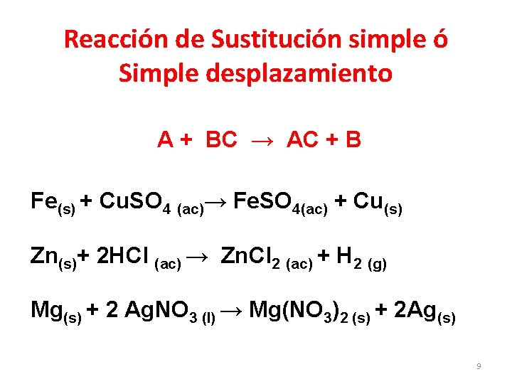 Reacción de Sustitución simple ó Simple desplazamiento A + BC → AC + B