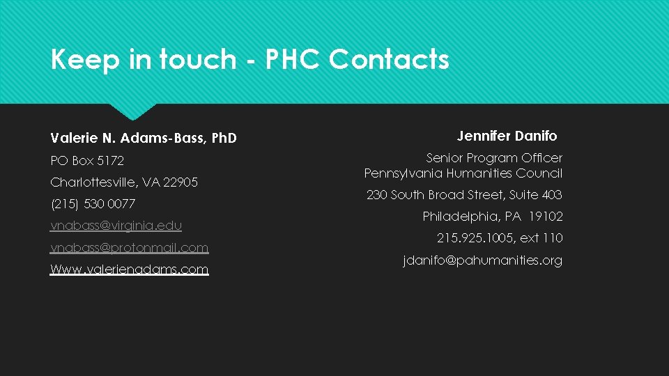 Keep in touch - PHC Contacts Valerie N. Adams-Bass, Ph. D PO Box 5172 Keep in touch - PHC Contacts Valerie N. Adams-Bass, Ph. D PO Box 5172