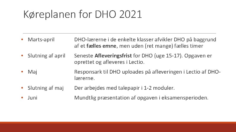 Køreplanen for DHO 2021 • Marts-april DHO-lærerne i de enkelte klasser afvikler DHO på