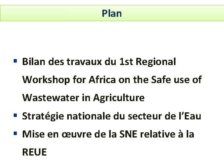 Plan § Bilan des travaux du 1 st Regional Workshop for Africa on the