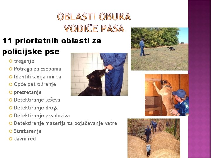 11 priortetnih oblasti za policijske pse traganje Potraga za osobama Identifikacija mirisa Opće patroliranje