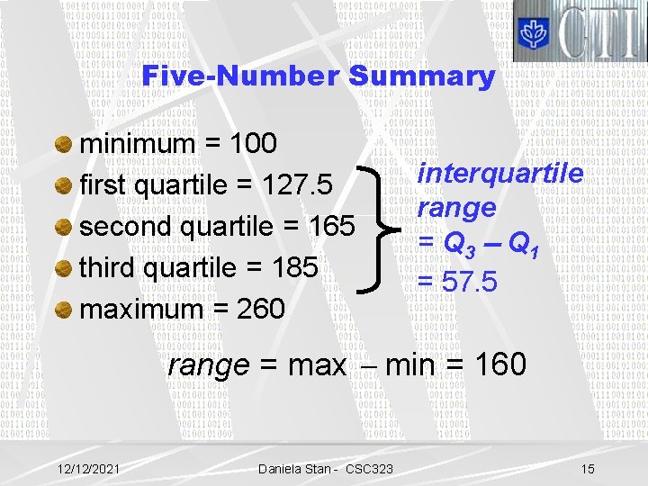 Five-Number Summary minimum = 100 first quartile = 127. 5 second quartile = 165