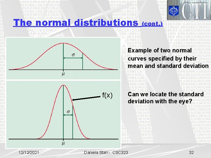 The normal distributions (cont. ) Example of two normal curves specified by their mean