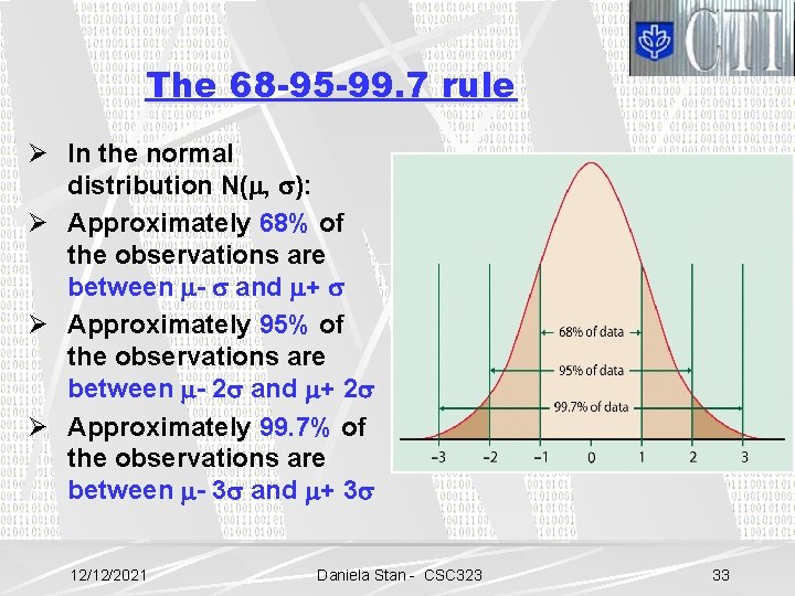 The 68 -95 -99. 7 rule Ø In the normal distribution N( , ):