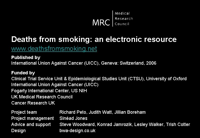 Deaths from smoking: an electronic resource www. deathsfromsmoking. net Published by International Union Against