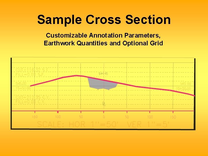 Sample Cross Section Customizable Annotation Parameters, Earthwork Quantities and Optional Grid 