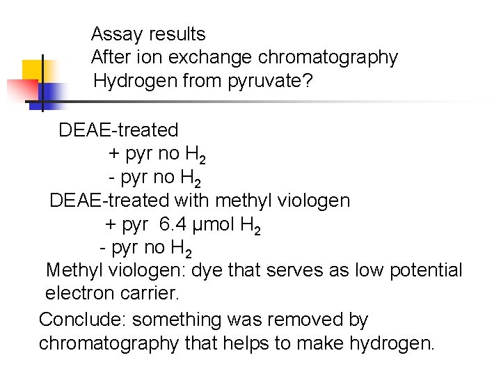 Assay results After ion exchange chromatography Hydrogen from pyruvate? DEAE-treated + pyr no H