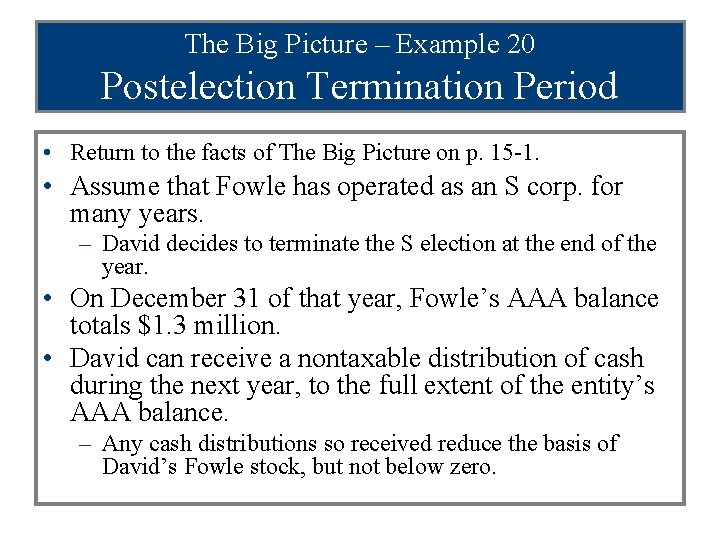 The Big Picture – Example 20 Postelection Termination Period • Return to the facts