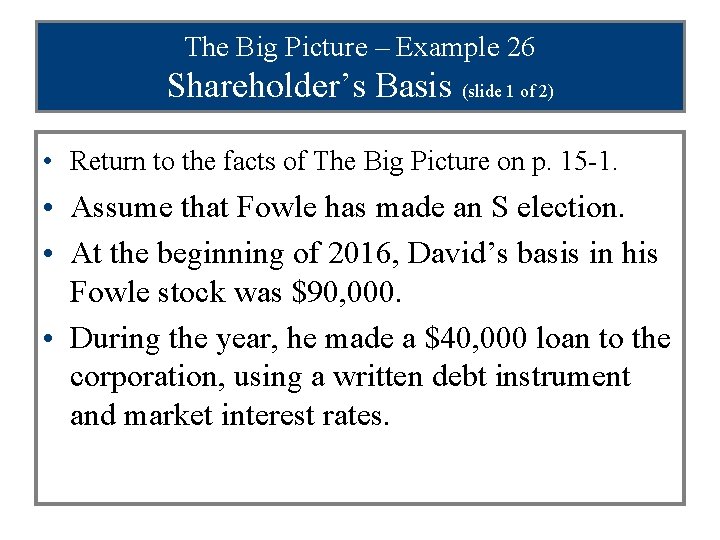 The Big Picture – Example 26 Shareholder’s Basis (slide 1 of 2) • Return