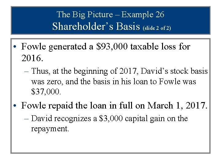 The Big Picture – Example 26 Shareholder’s Basis (slide 2 of 2) • Fowle