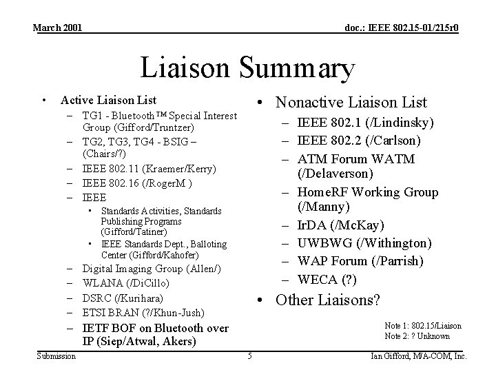 March 2001 doc. : IEEE 802. 15 -01/215 r 0 Liaison Summary • •
