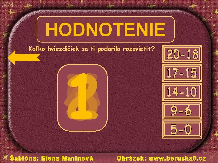 HODNOTENIE Koľko hviezdičiek sa ti podarilo rozsvietiť? 5 4 1 2 3 Šablóna: Elena