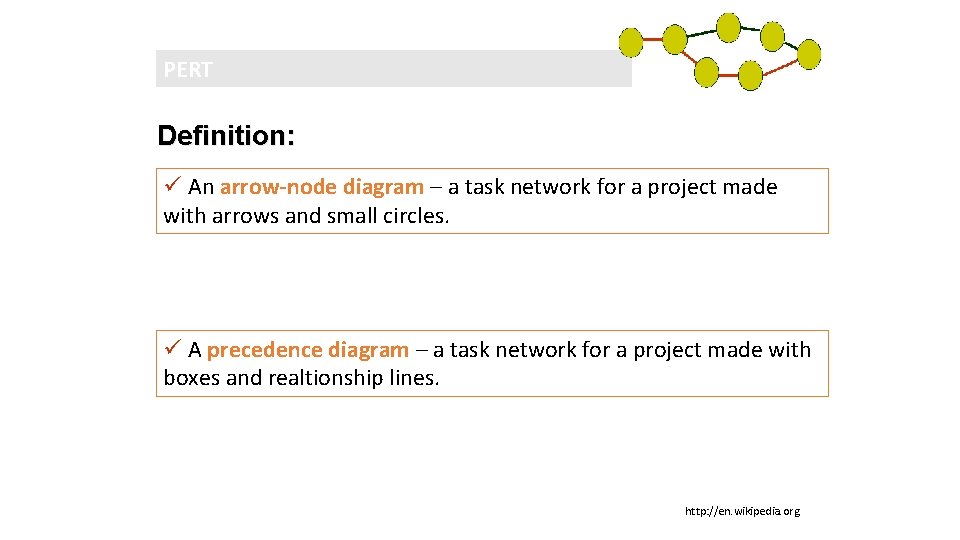 PERT Definition: ü An arrow-node diagram – a task network for a project made