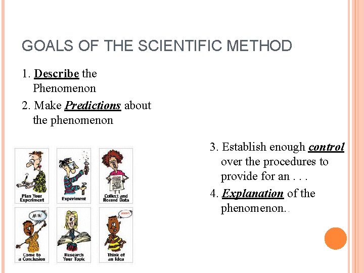 GOALS OF THE SCIENTIFIC METHOD 1. Describe the Phenomenon 2. Make Predictions about the