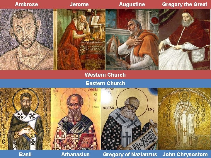 Ambrose Jerome Augustine Gregory the Great Western Church Eastern Church Basil Athanasius Gregory of