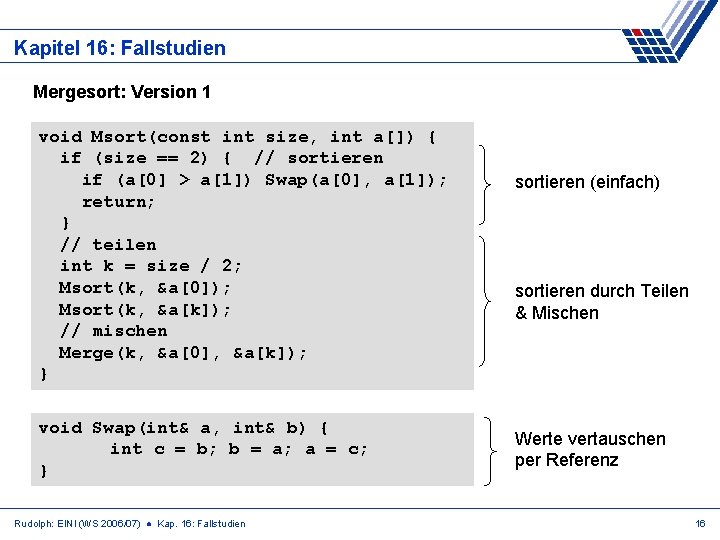 Kapitel 16: Fallstudien Mergesort: Version 1 void Msort(const int size, int a[]) { if