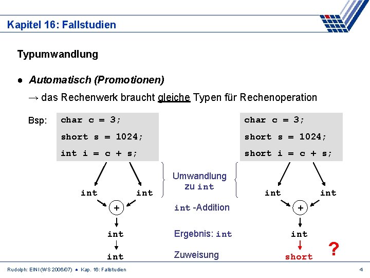 Kapitel 16: Fallstudien Typumwandlung ● Automatisch (Promotionen) → das Rechenwerk braucht gleiche Typen für