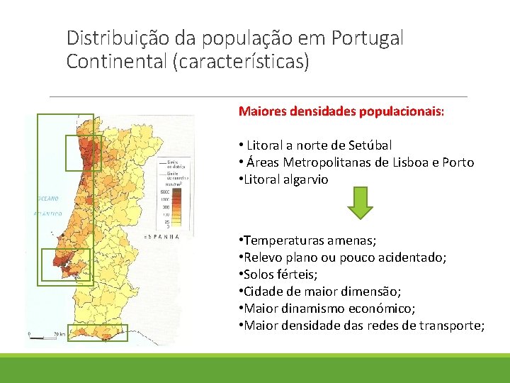 Distribuição da população em Portugal Continental (características) Maiores densidades populacionais: • Litoral a norte