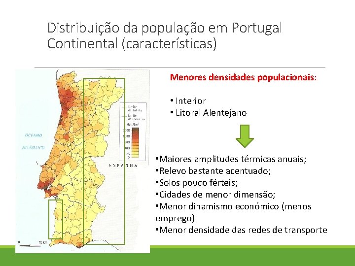 Distribuição da população em Portugal Continental (características) Menores densidades populacionais: • Interior • Litoral