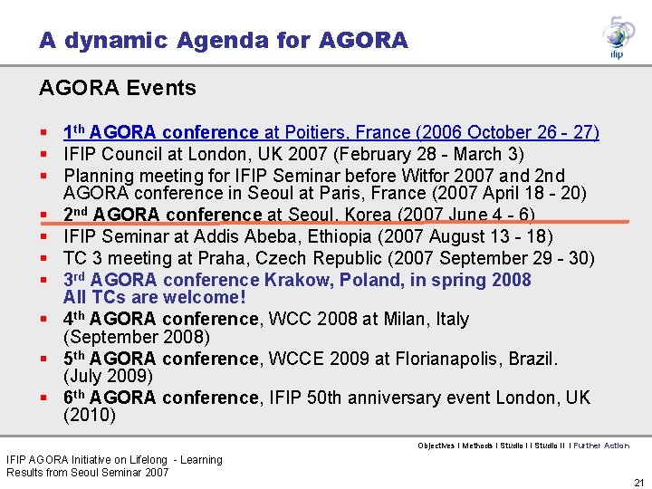 A dynamic Agenda for AGORA Events § 1 th AGORA conference at Poitiers, France