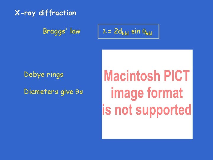 X-ray diffraction Braggs' law Debye rings Diameters give s = 2 dhkl sin hkl