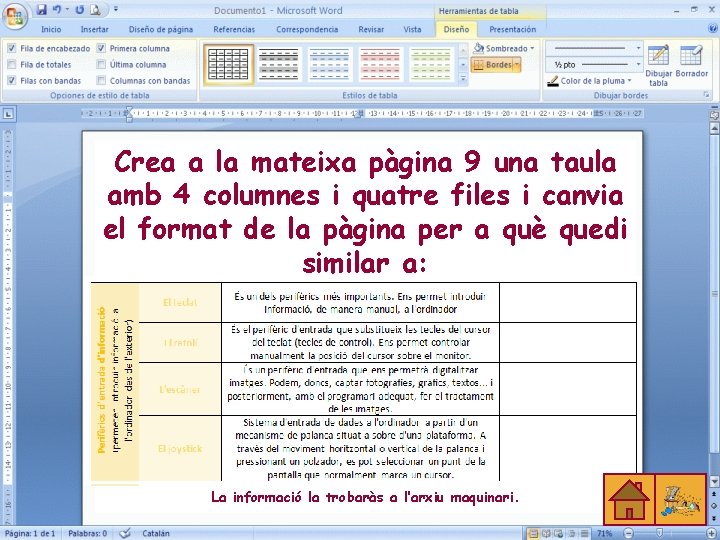 Crea a la mateixa pàgina 9 una taula amb 4 columnes i quatre files