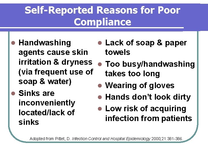 Self-Reported Reasons for Poor Compliance Handwashing agents cause skin irritation & dryness (via frequent Self-Reported Reasons for Poor Compliance Handwashing agents cause skin irritation & dryness (via frequent
