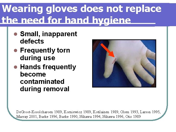 Wearing gloves does not replace the need for hand hygiene Small, inapparent defects l Wearing gloves does not replace the need for hand hygiene Small, inapparent defects l