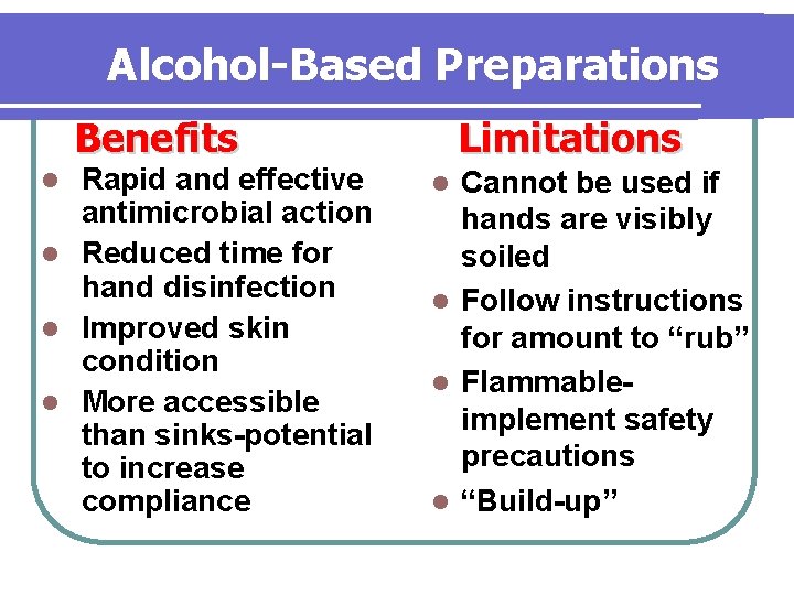 Alcohol-Based Preparations Benefits Rapid and effective antimicrobial action l Reduced time for hand disinfection Alcohol-Based Preparations Benefits Rapid and effective antimicrobial action l Reduced time for hand disinfection