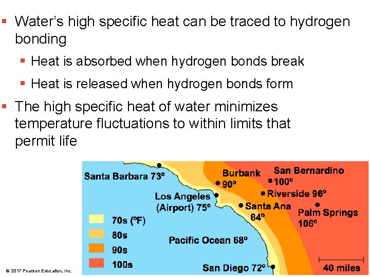 § Water’s high specific heat can be traced to hydrogen bonding § Heat is