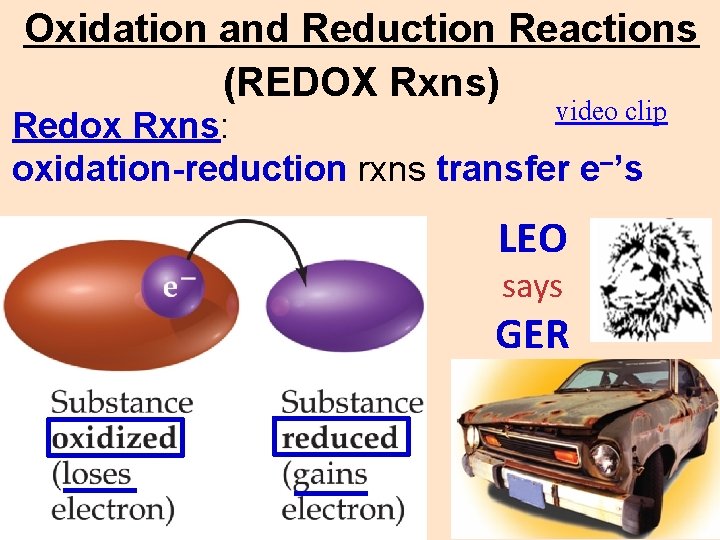 Oxidation and Reduction Reactions (REDOX Rxns) video clip Redox Rxns: oxidation-reduction rxns transfer e–’s