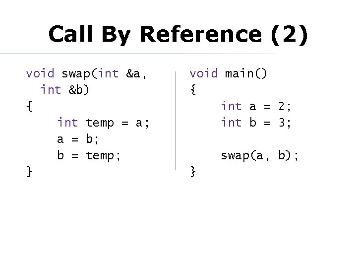 Call By Reference (2) void swap(int &a, int &b) { int temp = a;