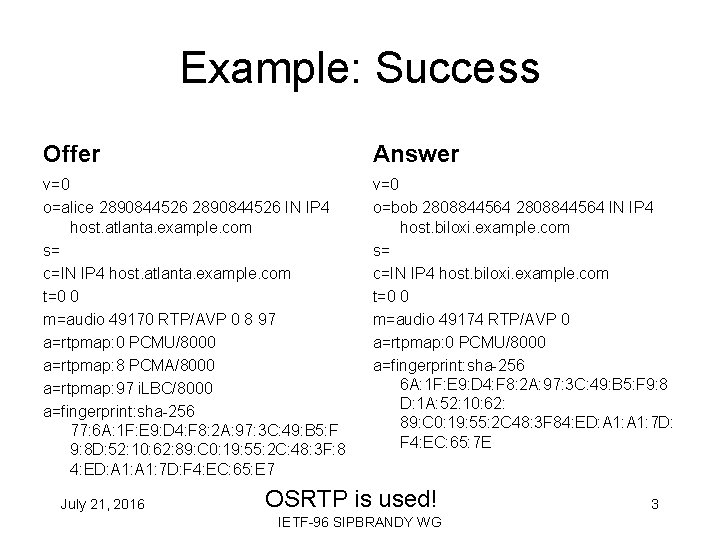 Example: Success Offer Answer v=0 o=alice 2890844526 IN IP 4 host. atlanta. example. com