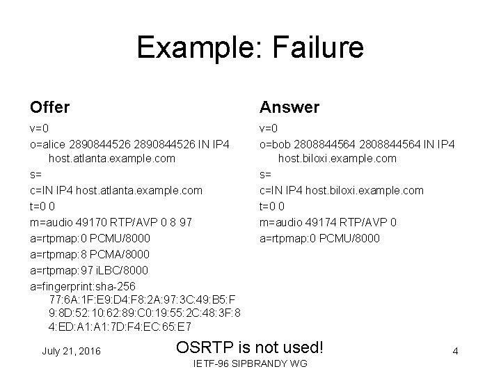 Example: Failure Offer Answer v=0 o=alice 2890844526 IN IP 4 host. atlanta. example. com