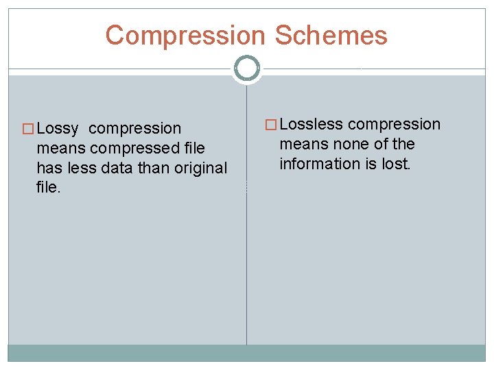 Compression Schemes � Lossy compression means compressed file has less data than original file.