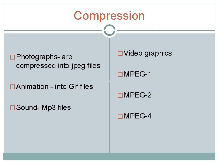 Compression � Photographs- are � Video graphics compressed into jpeg files � MPEG-1 �
