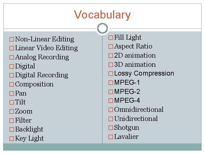 Vocabulary � Non-Linear Editing � Linear Video Editing � Analog Recording � Digital Recording