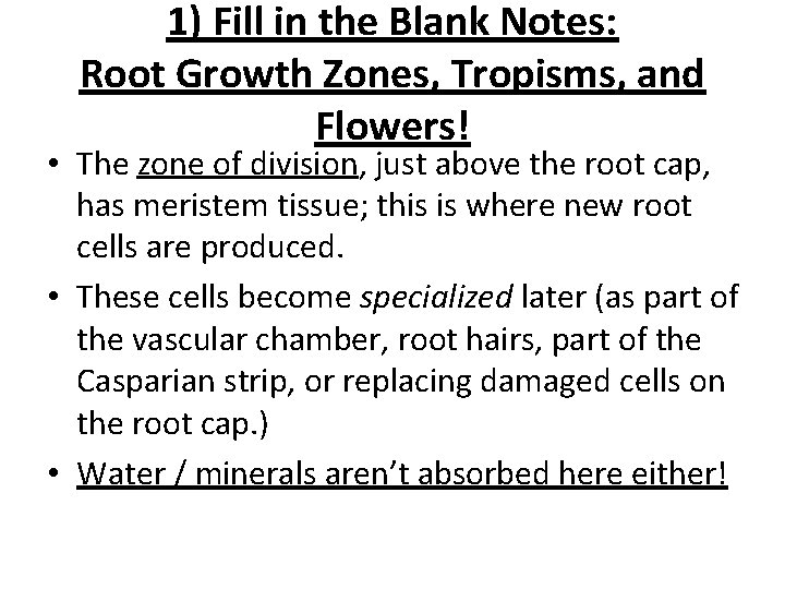 1) Fill in the Blank Notes: Root Growth Zones, Tropisms, and Flowers! • The