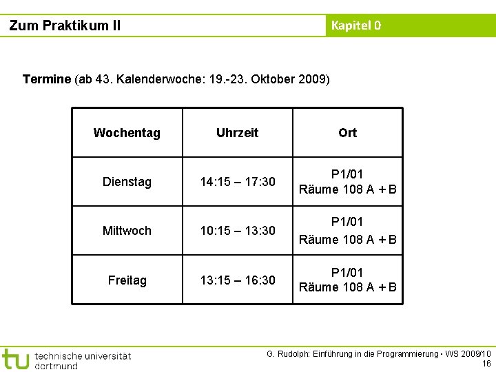 Kapitel 0 Zum Praktikum II Termine (ab 43. Kalenderwoche: 19. -23. Oktober 2009) Wochentag