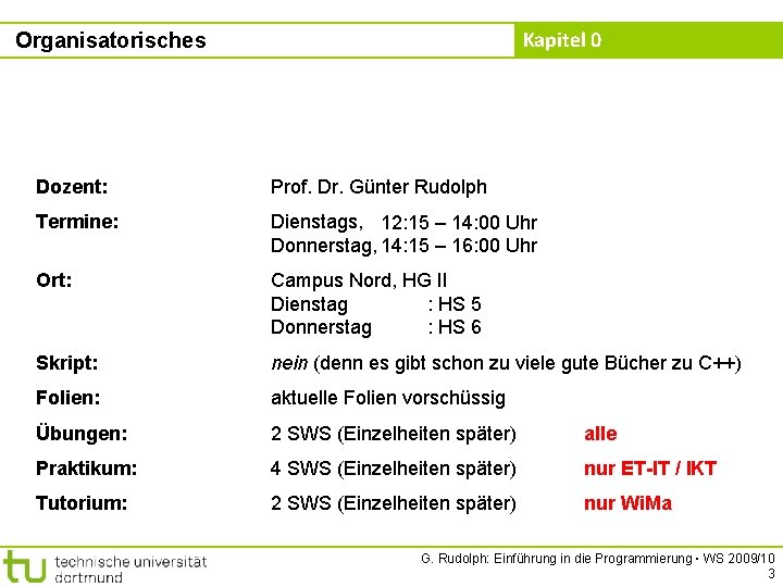 Kapitel 0 Organisatorisches Dozent: Prof. Dr. Günter Rudolph Termine: Dienstags, 12: 15 – 14: