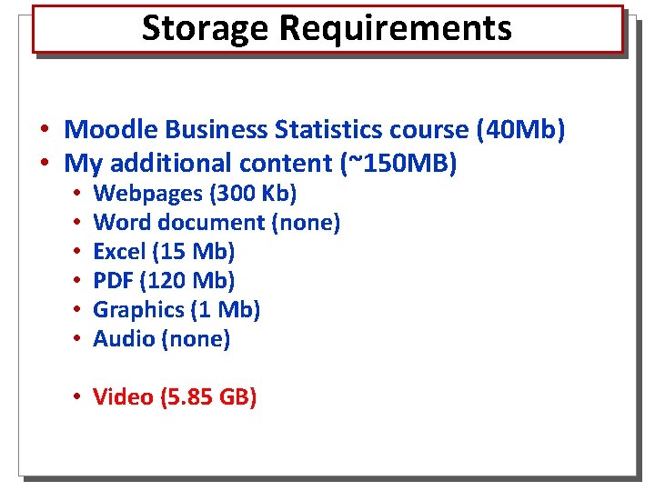 Storage Requirements • Moodle Business Statistics course (40 Mb) • My additional content (~150
